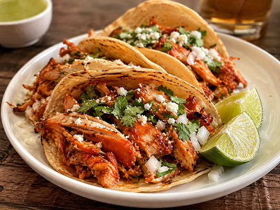 REPLACE → 3 street chicken tacos, lime, cilantro, top-down